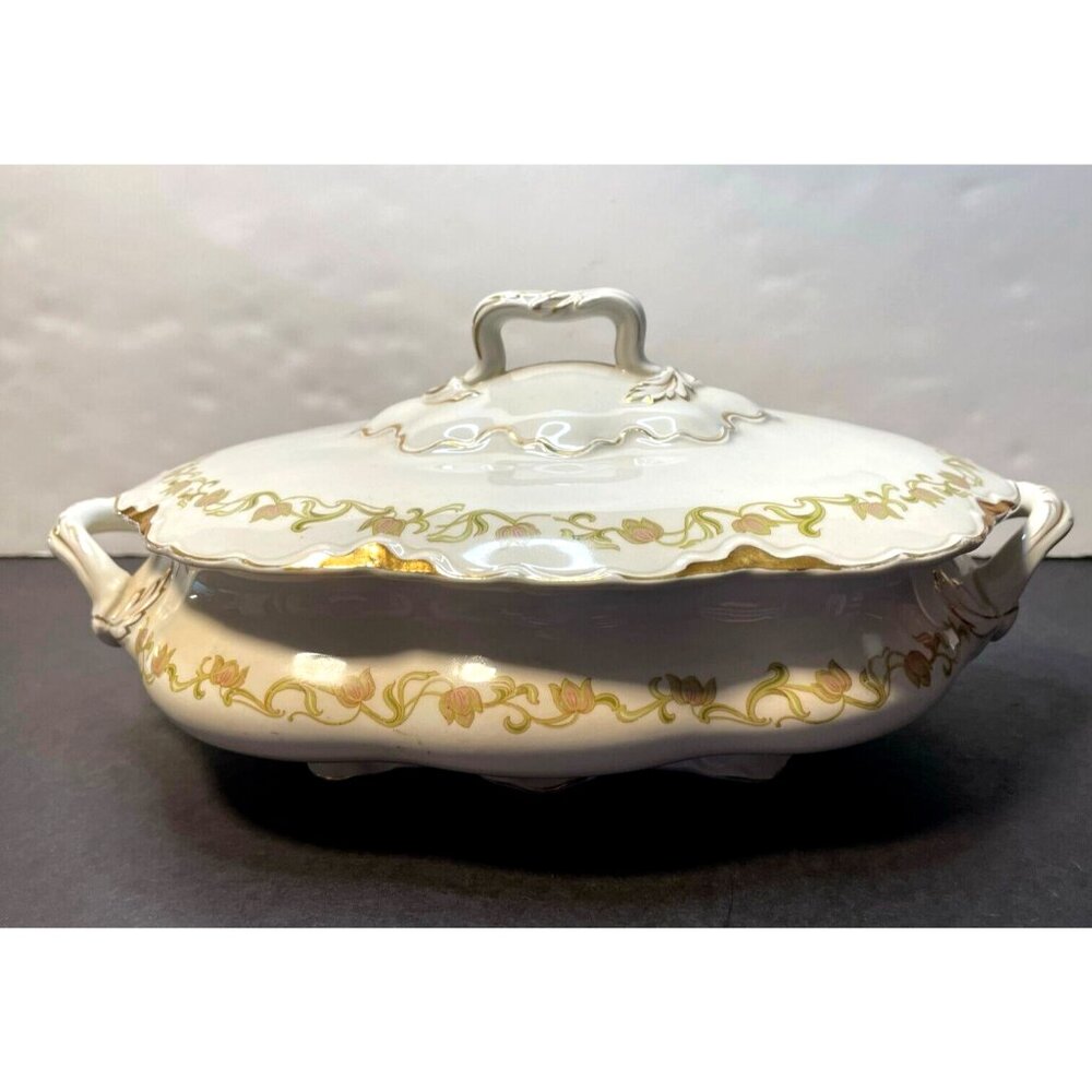 Antique J & G Meakin Hanley England serving dish bowl gold trimmed 10" x 7 1/2"